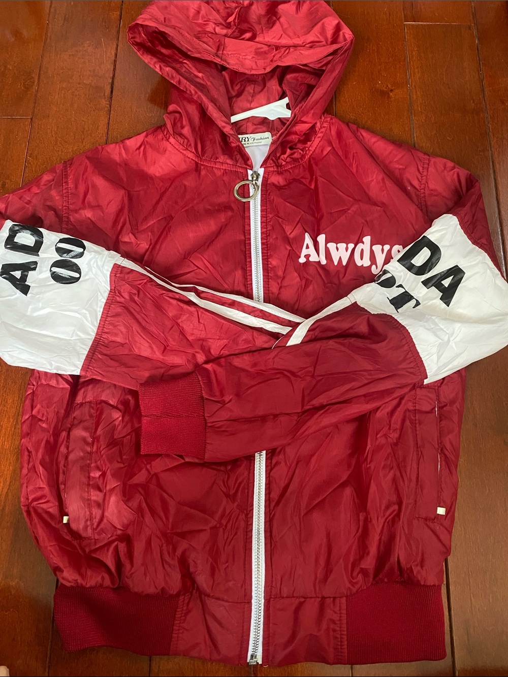Red Hooded Windbreaker Jacket with White Sleeve Panels